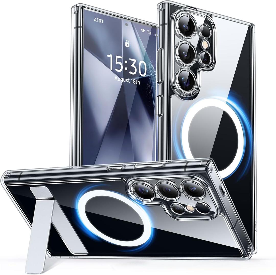 CANSHN Strong Magnetic & Seamless Stand Designed for Samsung Galaxy S24 Ultra Case Clear [Full Camera Protection] [Adjustable Kickstand] [Compatible with MagSafe] Protective Phone Cover - Clear