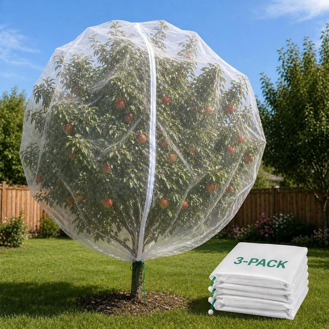 3 Pack Large Fruit Tree Netting Bags (12x12 ft), Extra-Fine Mesh Garden Net with Zipper & Drawstring, Reusable & Easy Access Bird Netting, Protects from Birds, Insects, Squirrels & Deer