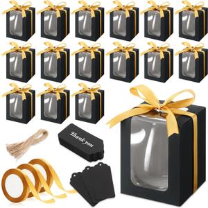 Fulmoon 50 Pack Gift Boxes for Wine Glass Transparent Gift 9 oz Stemless Glass Paper Packaging Box with Ribbon Tag Hemp Rope for Wedding Bridal Shower Baby Shower Birthday(Black)