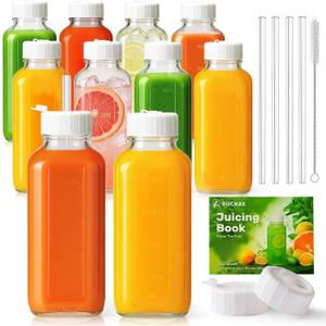 Ruckae 16oz 10 Pack Glass Juice Bottles with Hole Lids - Reusable Square Glass Juice Bottles with Leak-Proof Lid & Capacity Marks for Containers Juicing,Milk,Smoothies