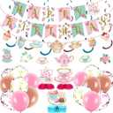 Panelee 33 Pcs Tea Party Birthday Decorations with Floral Happy Birthday Banner,Teapot Banners, Teapot Honeycomb Centerpieces,Hanging Swirl,Colorful Balloons for Girls Tea Party Supplies