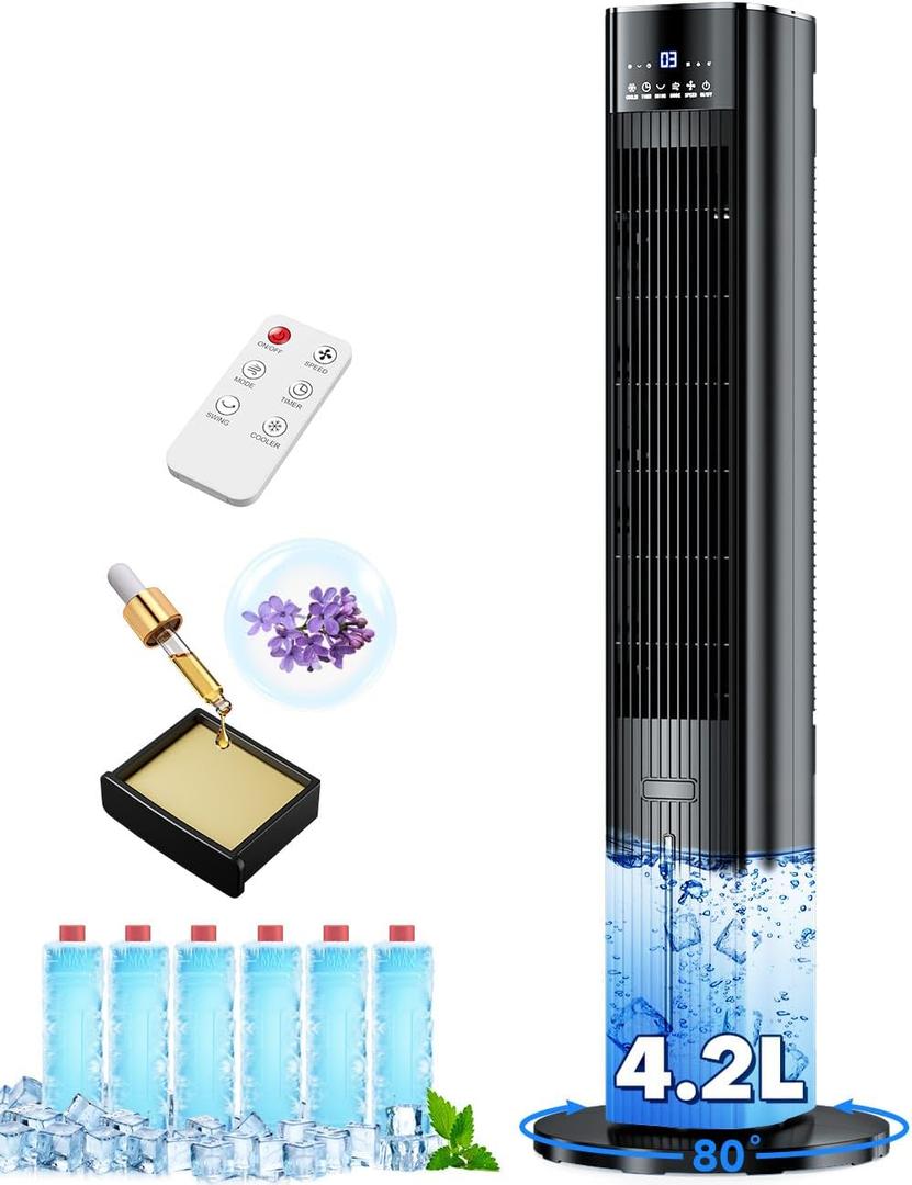 42 INCH Swamp Cooler Air Conditioner w/ 4 Modes & 3 Speeds, Aroma & Memory Function, 15H Timer Evaporative Cooler, 6 Ice Packs, 1.1-Gal Dual Tanks Windowless Portable Air Conditioners for Room