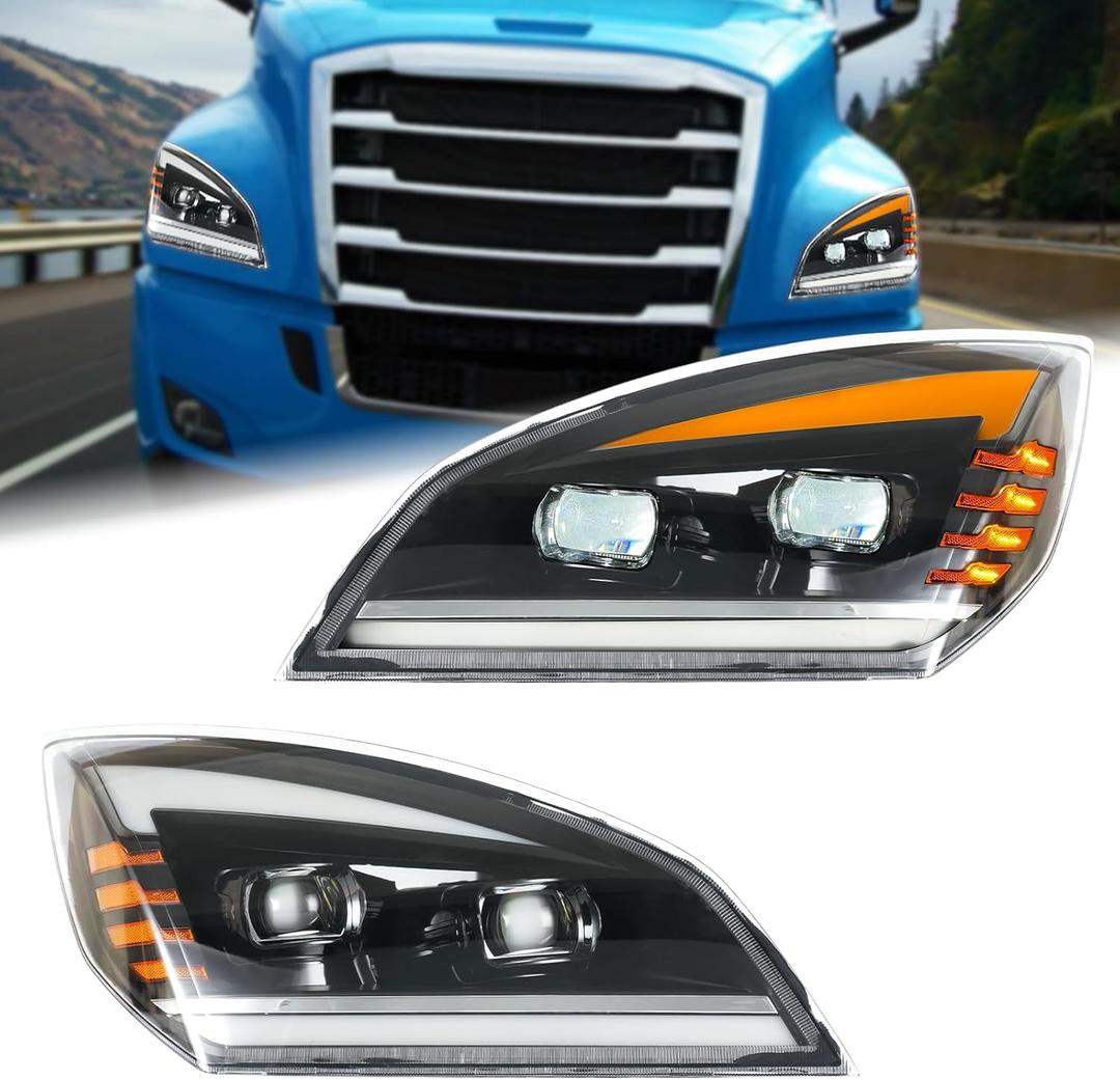 Duolctarms Dual Projector LED DRL (ONLY FOR LED) Upgrade Full LED Headlight Headlamp Assembly Compatible for 2018-2024 Freightliner Cascadia L&R