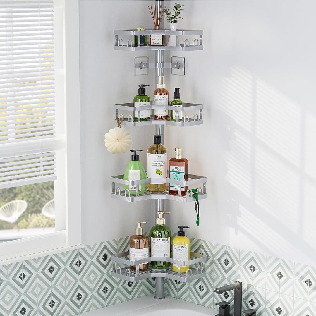 HEVEL Corner Shower Caddy Tension Pole, 4 Tier Adjustable Shower Organizer Corner 62-115 Inch, Rustproof Bathroom Shower Shelves for Bathtub Storage