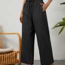 Womens Linen Pants Cotton Boho Loose Palazzo Pants Wide Leg Long Lounge Trousers Drawstring with Pockets Beach (Black, M)