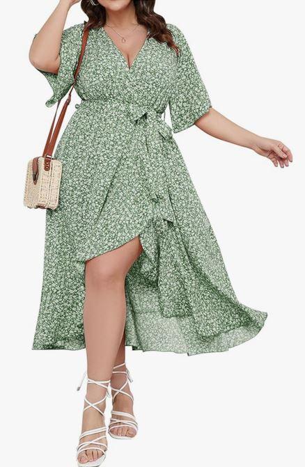 SCOMCHIC Women Plus Size Maxi Dress Short Sleeve Wrap V Neck High Low Split Ruffle Long, 1XL