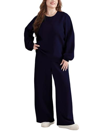 ROSCHICO Women's 2 Piece Outfits Sweat suit Plus Size Oversized Fall Long Sleeve Crewneck Lounge Sets Wide Leg Pants Tracksuit, M