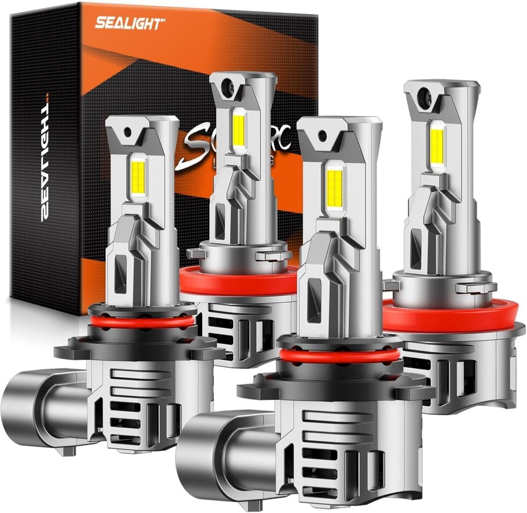 SEALIGHT 9005 H11 LED Bulbs Combo, 80000LM 10X Super Bright 6500K White, HB3 H8/H9/H16 Fog Headlight, 1:1 Real Size Plug-N-Play Pack of 4
