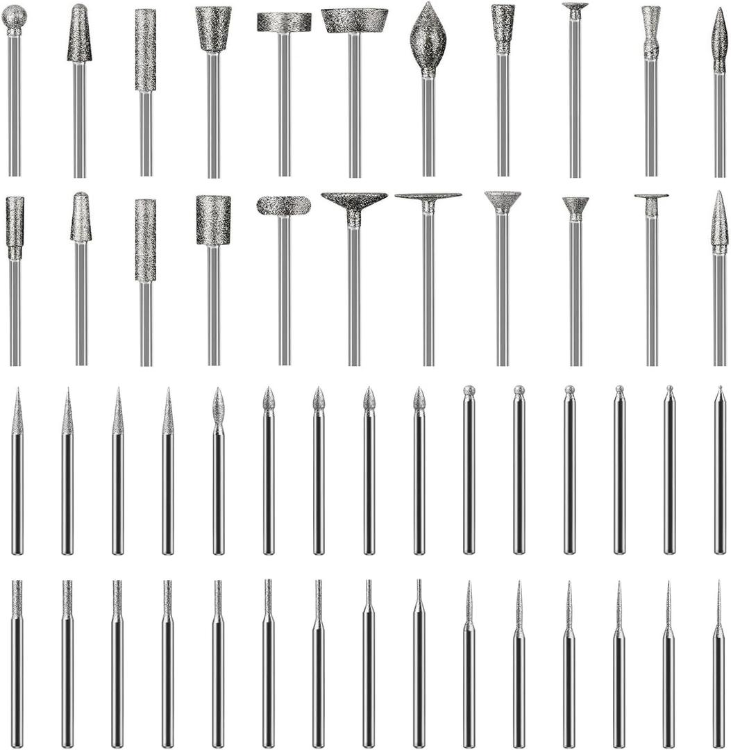Set of 52 Diamond Grinding Bit Polishing Kit Compatible with Dremel, Stone Carving Set Diamond Bits 1/8" (3mm) Shank Accessories for Stone Glass Ceramics Carving, Polishing, Grinding