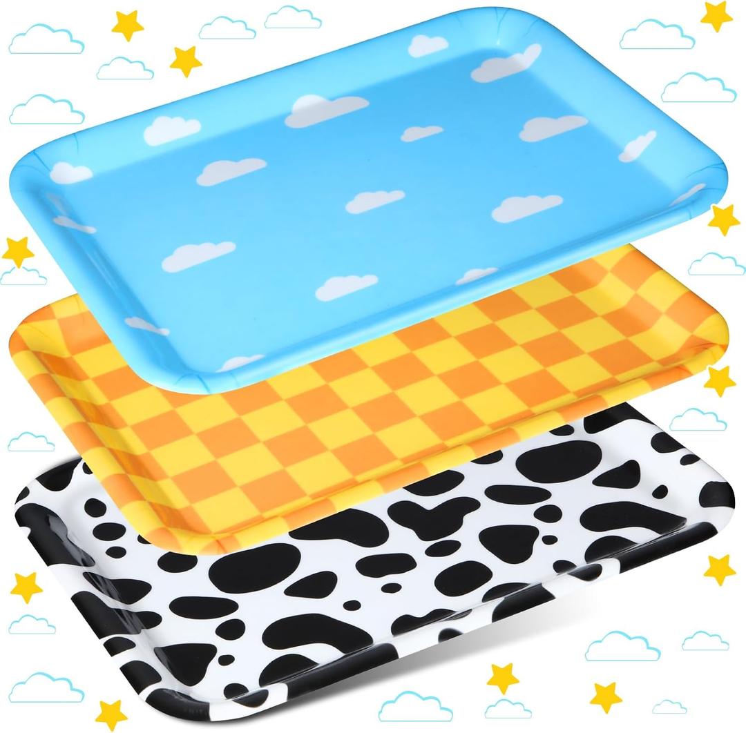Zubebe Pack of 3 13 x 10 Inch Sky White Clouds Birthday Party Supplies, Toy Inspire Game Trays Rectangle Serving Platter Cow Print Checkered Food Platter