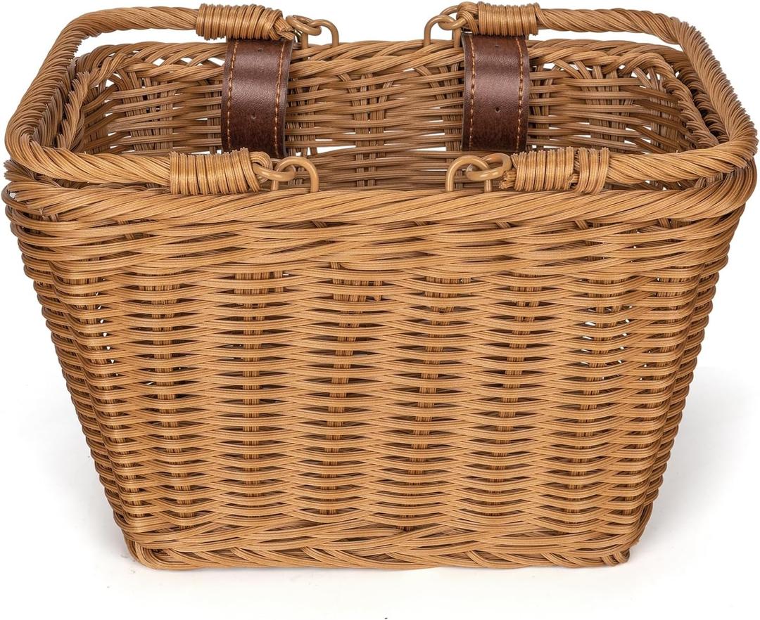 CXWXC Kids Bike Basket - Front Bicycle Bike Basket for Girls - Handmade Woven Wicker Bike Baskets with Handle, Adjustable Leather Straps (Brown)