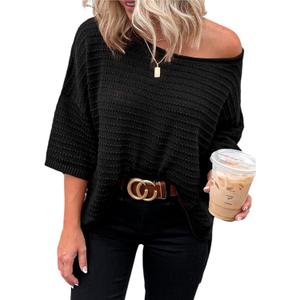 Dokotoo Women's Fashion Casual Spring Summer Shirts and Blouses for Women 2023 Pullover Sweater Off Shoulder T-Shirts 3/ 4 Sleeve Tunic Tops Loose Shirts Blue Large