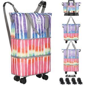 VOOWO Rolling Duffel Bag - Foldable Expandable Duffle With Wheels for Travel, Luggage Carry On, Large Backpack Weekend Bag for Men Women (Rainbow)