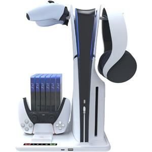 For PS5 Slim Cooling Stand Dock with Dual Controllers Charging Station, for PS5 Slim Console Cooling Station with 6 Game Disc Slot Organizer, with 2 Headphone Hangers