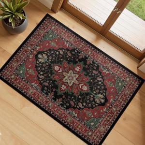 RELEANY Area Rugs Small 2'x3' Washable Non-Slip, Floral Vintage Distress Medallion Carpet for Kitchen Entryway Bathroom, Red Black