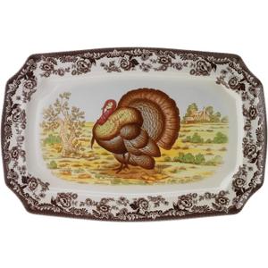Spode Woodland Turkey Rectangular Platter  17.5 Inch Fine Porcelain Serving Tray from the Woodland Turkey Collection, Microwave, Dishwasher & Warm Oven Safe  Holiday Tableware Made in England