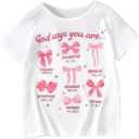 BEAUDRM Girl's Bow Shirt Cute Graphic Tees Letter Print Short Sleeve Crew Neck Summer T Shirt