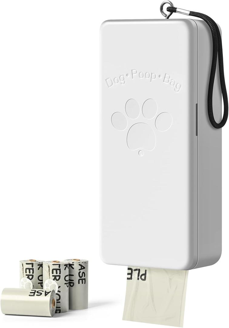 Dog Poop Bag Dispenser Wall Mount with Magnetic Lid, Quick Pull & Easy Access, White Dog Poop Bag Holder for Outdoor Yard, Includes 4 Rolls (60 Bags)