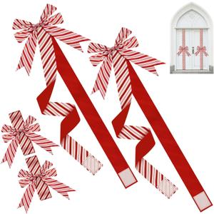 8 Pcs Large Christmas Cabinet Door Bows and Ribbons 78 Inch Christmas Door Cabinet Bows for Gifts Xmas Holiday Furniture Kitchen Party Decorations (Red, White)