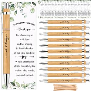 Yeaqee 50 Sets Greenery Baby Shower Pen Gifts for Guest Greenery Woodland Baby Shower Favors Retractable Pens Bamboo Pens Gender Reveal Greeting Cards Souvenirs Prizes