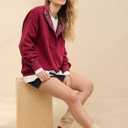ebossy Women's Fashion V Neck Snap Button Long Sleeve Casual Loose Pullover Sweatshirt Activewear (Red, L)