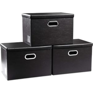 PRANDOM Large Foldable Storage Bins with Lids [3-Pack] Leather Fabric Collapsible Storage Boxes Organizer Containers Baskets Cube with Cover for Home Bedroom Closet Office Black(17.7x11.8x11.8)