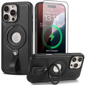 Magnetic Ring Grip Holder for iPhone 16 Pro Case | Protective iPhone 16 Pro Leather Case | Compatible with MagSafe | Built in Kickstand (Black, IP 16 Pro-6.3inch)
