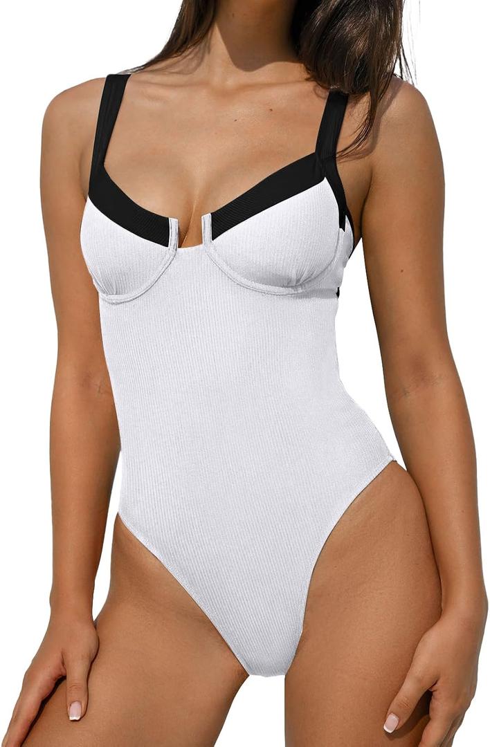BERLOOK One Piece Swimsuit Women Tummy Control Ribbed Retro Bathing Suits Contrast Trim Knotted Sexy Slimming Swimwear, White Medium
