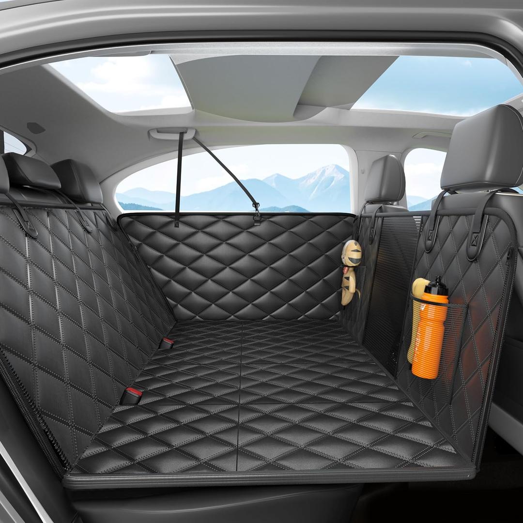 Dog Car Seat Cover for Back Seat, Hard Bottom Back SeatExtender for Dog | Supports 400lbs, Waterproof, Heavy Duty, Scratch Resistant, Dog Hammock for Car SUV and Small Truck, Black