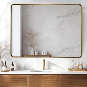 ANDY STAR 48x36 Inch Gold Bathroom Mirror, Brushed Gold Mirrors for Wall in Anti-Rust SUS304 Tube Metal Frame, Rounded Rectangle Mirrors 1 Deep Wall Mounted Vertically/Horizontal for Bathroom (Brass)