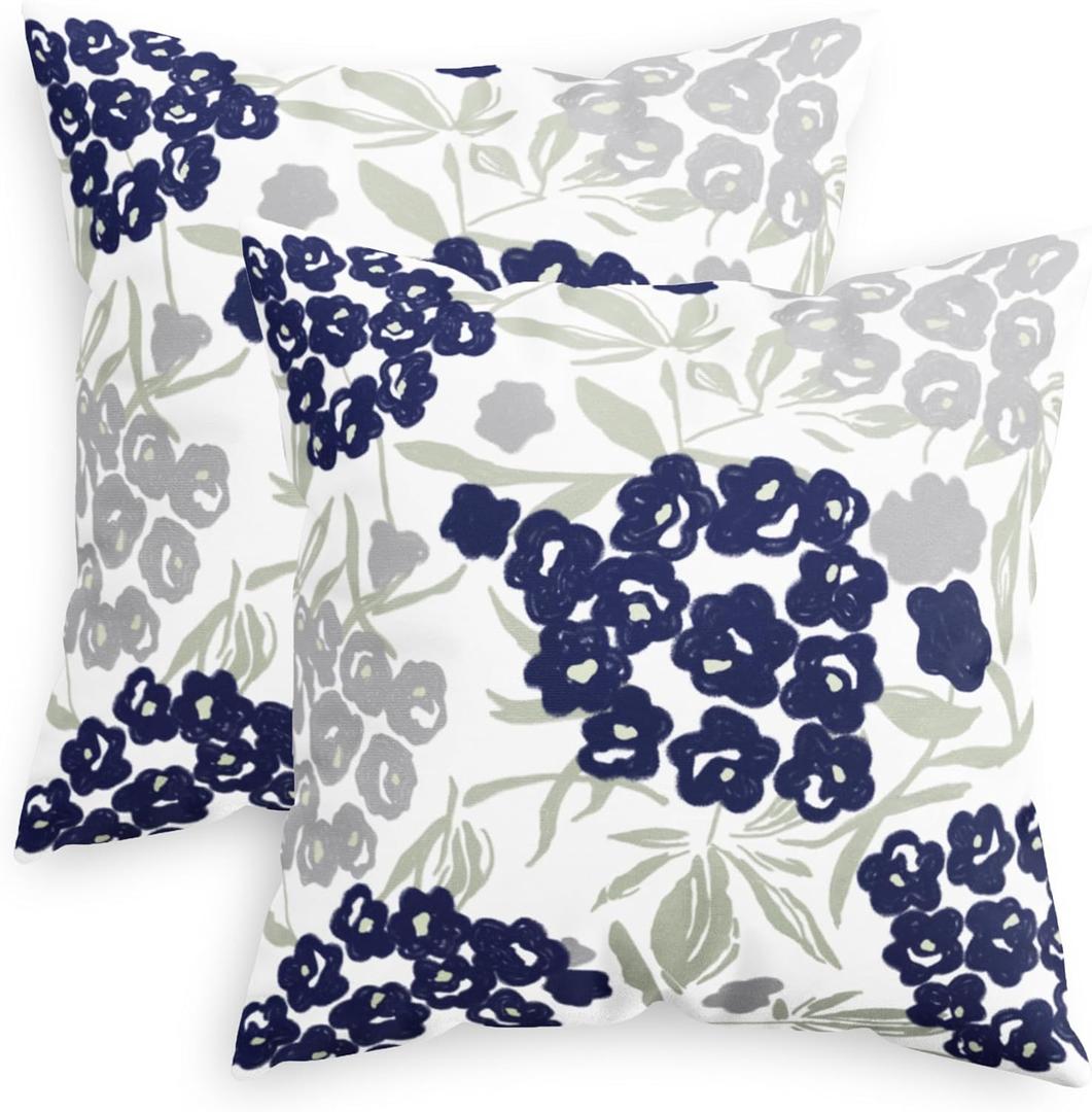 CaliTime Throw Pillow Cases Pack of 2 Cozy Fleece Three-Tone Cute Flower Floral Leaves Decorative Cushion Covers for Couch Bed Sofa Farmhouse Decoration 18 X 18 Inches Navy Blue Sage Grey
