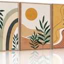 Modern Boho Framed Canvas Wall Art Set, Abstract Bohemian Sun Wall Decor, Mid-Century Minimalist Wall Painting, Geometric Botanical Art Print for Living Room, Bedroom, Office - 16"x24"x3