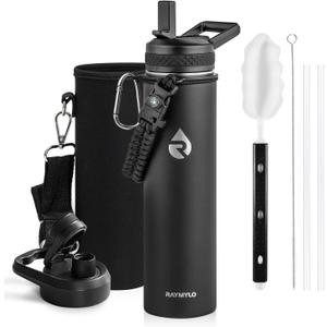RAYMYLO Insulated Water Bottle 24oz, Triple Wall Vacuum Stainless Steel (Cold for 24Hrs, Hot for 12Hrs), Leak Proof & Non-BPA, 24oz Hydro Water Flask with Paracord Handle & Straw Spout Lids (Magic Black)