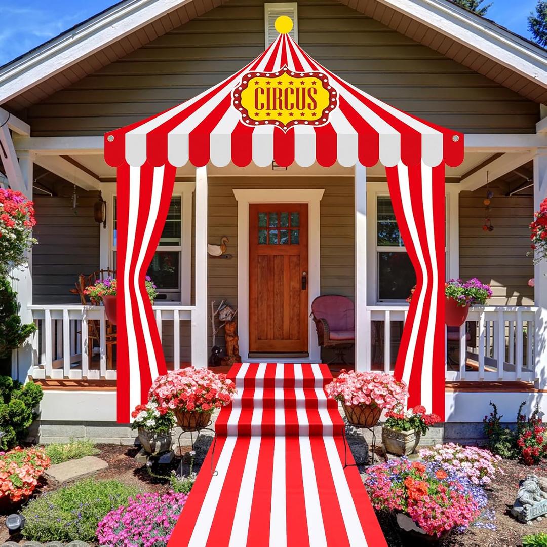 4 Pcs Carnival Circus Tent Decorations Carnival Entryway Door Party Decor Red and White Striped Awning Hanging Banner Aisle Runners Supply for Circus Theme Birthday Celebration
