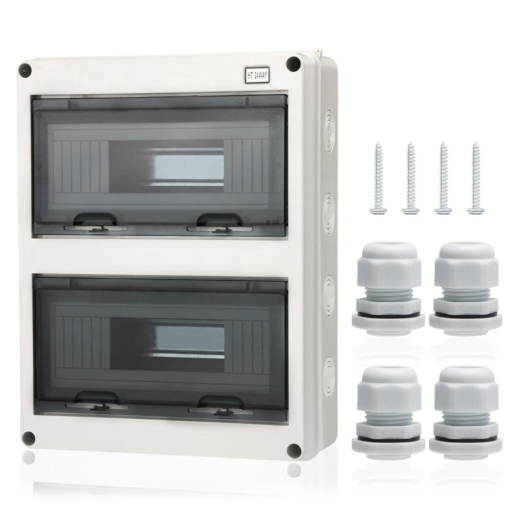 KERWINN 24 Way Distribution Protection Box,ABS/PC Alloy Plastic Transparent Cover Circuit Breaker Box IP66 Waterproof Distribution Box with DIN Rail and Waterproof Connector