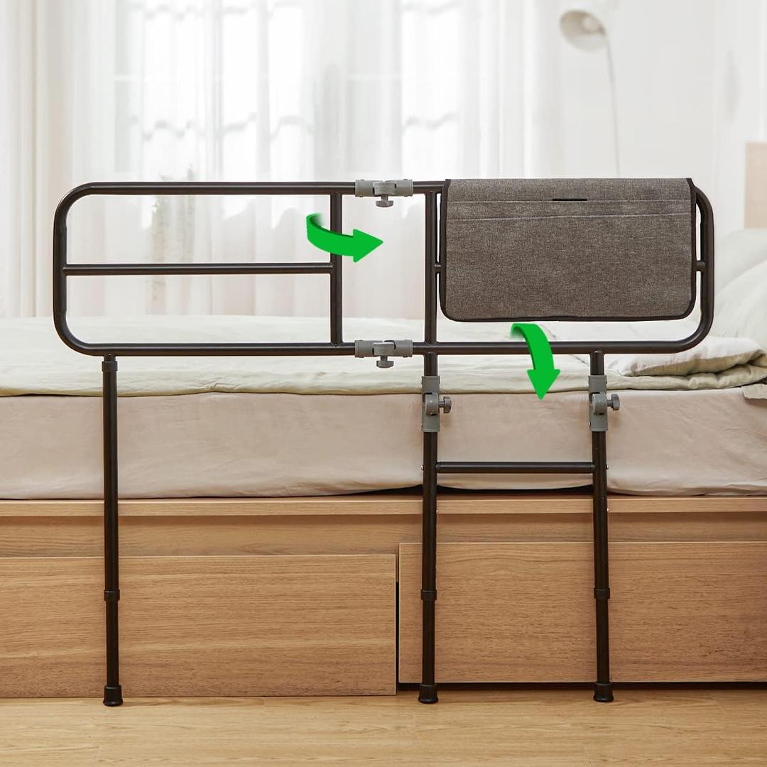 GreenChief Folding Bed Assist Rail for Elderly Adults - Fall Prevention Bed Cane with Adjustable Height, Bed Safety Grab Bar with Storage Pouch, Fit King, Queen, Full, Twin Bed (Holds up to 350 LBS)