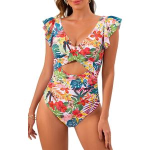 B2prity One Piece Swimsuits for Women Ruffle Sleeve V Neck Bathing Suit Tummy Control Cutout Monokini Slimming Swimwear, L