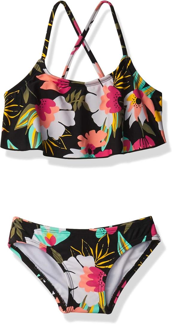 Kanu Surf Girls' Karlie Flounce Bikini Beach Sport 2 Piece Swimsuit (10, Tropical Dance Black)