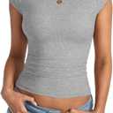 Womens Cap Sleeve Tops Summer Crew Neck Short Sleeve Shirts Slim Fit Basic Ribbed Tops Y2K 2025 Going Out Crop (Gray, XL)