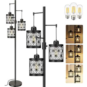 Floor Lamp, Floor Lamp for Bedroom Living Room, Standing Tall Lamps for Office, Dimmable Lamp with Bright 3X 800LM LED Edison Bulbs (Black)