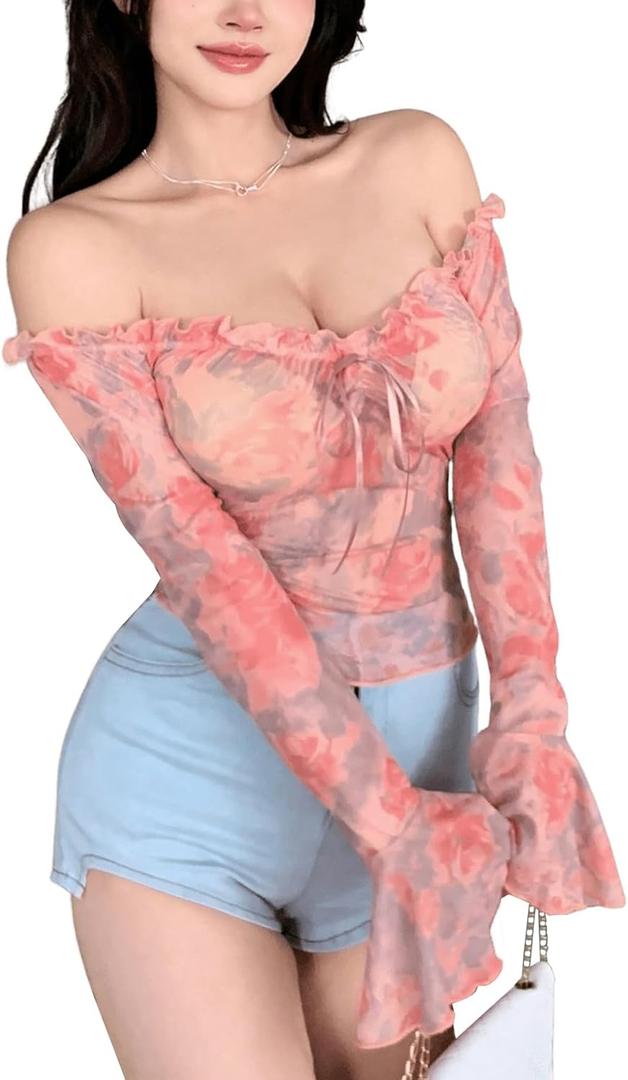 GORGLITTER Women's Floral Print Off Shoulder Tops Bell Long Sleeve Frill Trim Sheer Mesh T-Shirt Top Pink X-Large