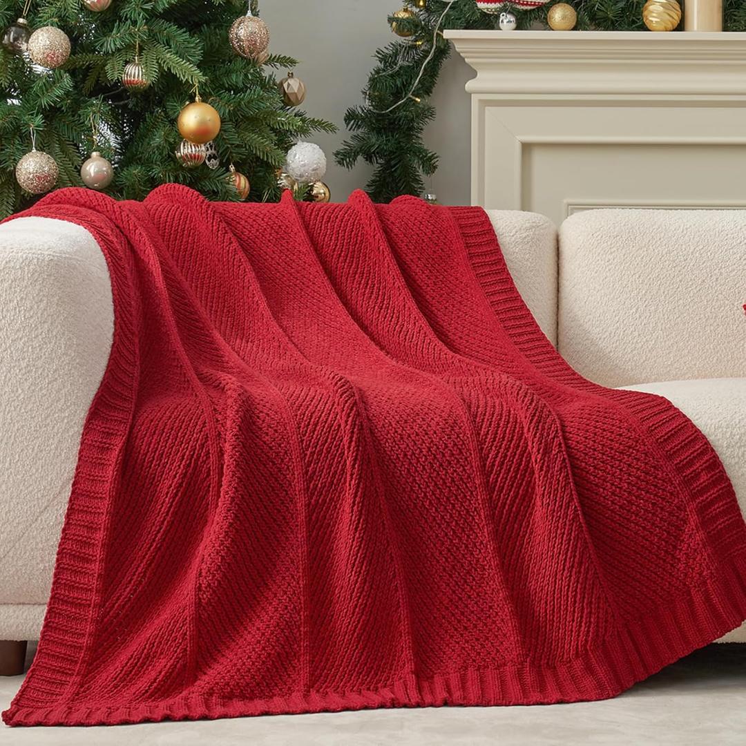 Amlie Home Chevron Chenille Knit Throw Blanket for Couch, Cozy Texture Decorative Soft Blanket for Sofa & Chair, 50"x60", Christmas Red