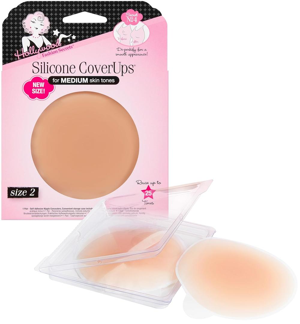 Hollywood Fashion Secrets Silicone CoverUps Size 2 - Nipple Covers for Women, Pasties Nipple Covers, Reusable Sticky Boobs Concealers, Self Adhesive, Medium Shade, 1 Pack (Beige, M)