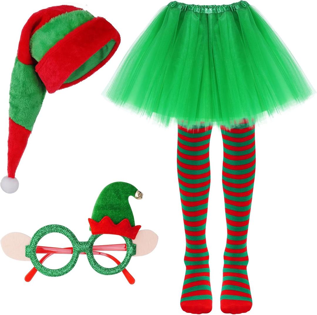 HOVEOX Christmas Elf Costume Set for Women - Hat, Skirt, Socks, Glasses (Green)