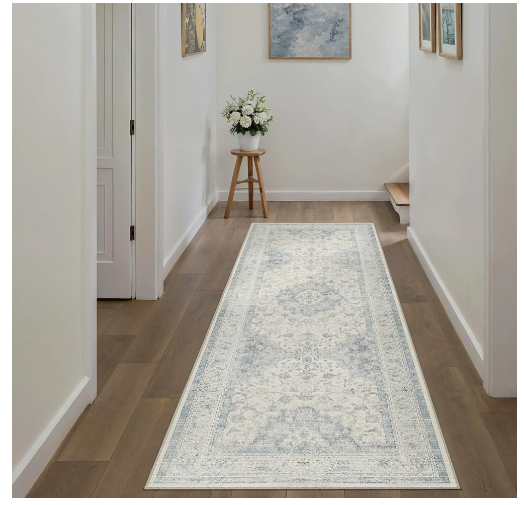 2x6 Blue Washable Vintage Runner Rug for Living Room Bedroom Soft Tranditional Non Slip Runner Area Rug Lightweight Floral Low Pile Distressed Runner Kitchen Hallway Bedroom Bathroom