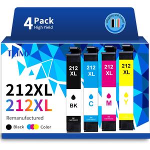 TEINO 212 212XL Ink Cartridges for Epson Printer Remanufactured Replacement for Epson 212 212XL Ink Cartridges for Epson Printer XP-4100 XP-4105 WF-2830 WF-2850 (Black Cyan Magenta Yellow, 4-Pack)