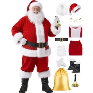 11pcs Santa Claus Costume for Men Women Adults Deluxe Santa Costumes Suit Outfit Christmas with Bell (Small, Red)