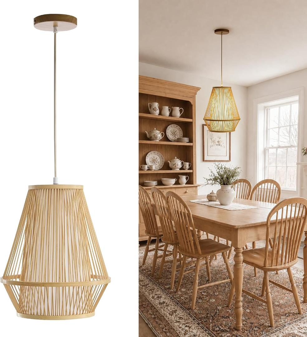Booniture 12'' Bamboo Pendant Light, Handwoven Boho Basket Hanging Light Fixture for Kitchen Island, Adjustable Ceiling Lamp for Dining Room, Bedroom, Entryway, Natural