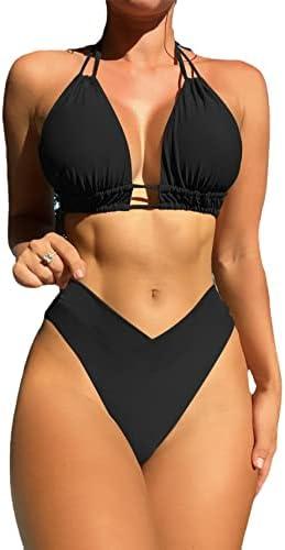 Meetall Cheeky High Cut Triangle Bikini Sets for Women Cute Halter Top Swimsuits 2 Piece L