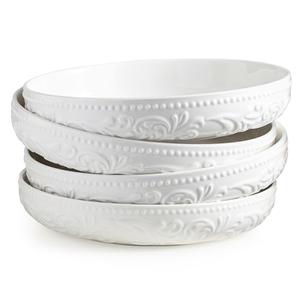 YHOSSEUN Ceramic Pasta Bowls Set of 4, 50 OZ Large Salad Serving Bowl, 9.75" Pasta Plates Shallow Bowl Plate, Microwave Dishwasher Safe, Embossed Morning Glory